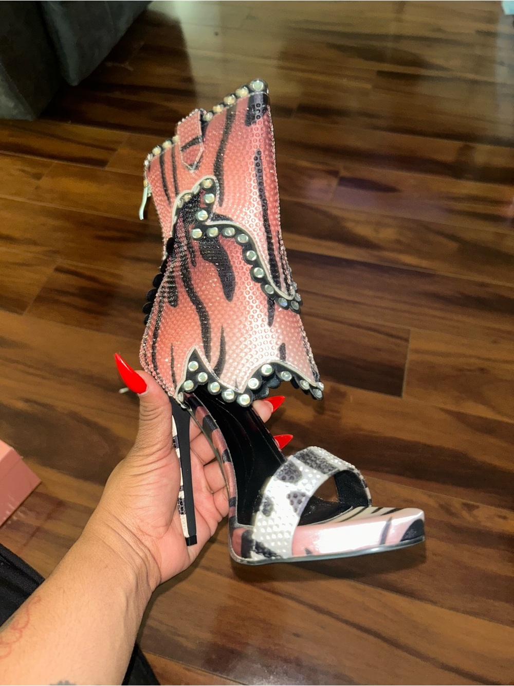 Studded Pink Zebra-Pattern Stiletto Heels